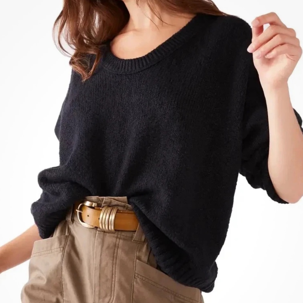Free People Brookside V-Neck‎ Oversized Tunic Knit Sweater In Black Size S